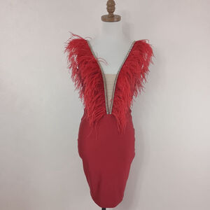 Elegant Red Feathered Mini Dress